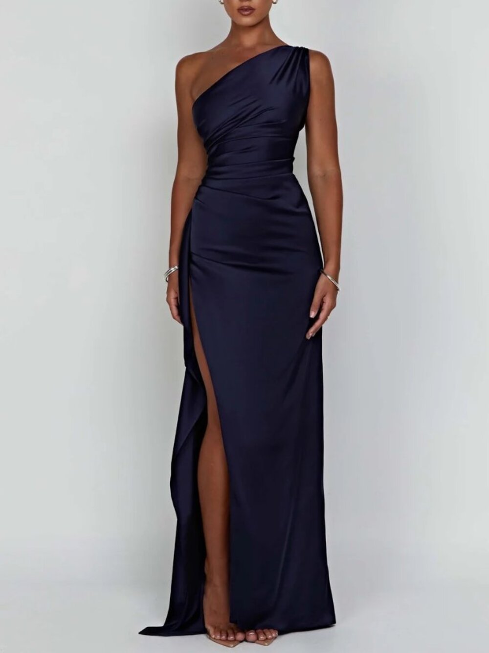 Babyboo Ariel Navy Satin One Shoulder Ruched Maxi Dress